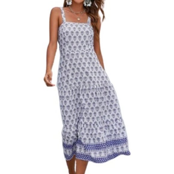 Hot Boho Dress Blue + White Floral Botanical Print Midi - Picture 2 of 6